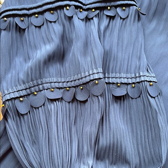 Ramy Brook Navy Blouse with Gold Details and Pleated Sleeves. Size M. - Picture 4 of 9